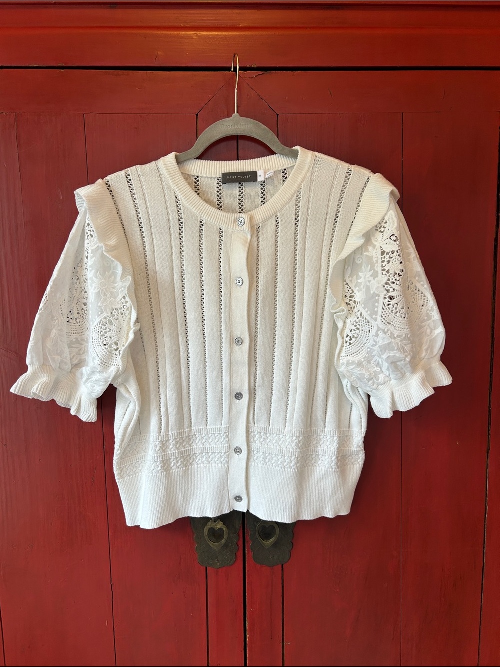 MINT VELVET Broderie Sleeve Button Cotton Top, Soft White, Size XL - Picture 6 of 8